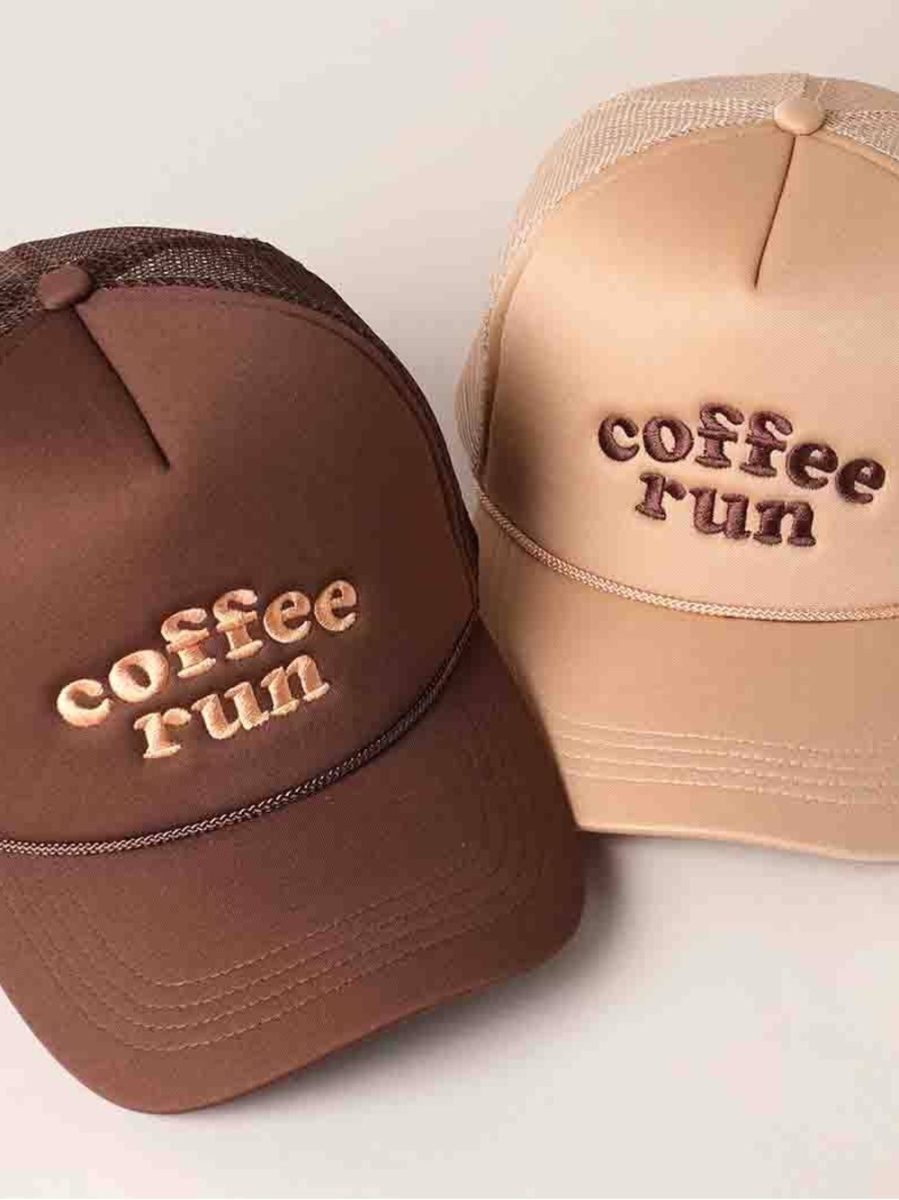 Coffee Run Embroidered Trucker Hat - Brown & Beige